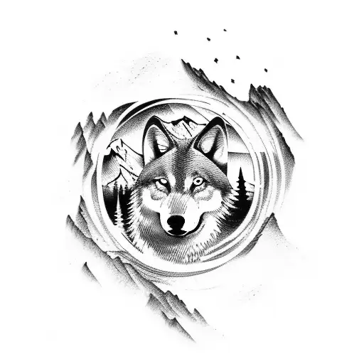 A tattoo of a wolf silhouette against a backdrop of mountains and a lake tattoo design idea