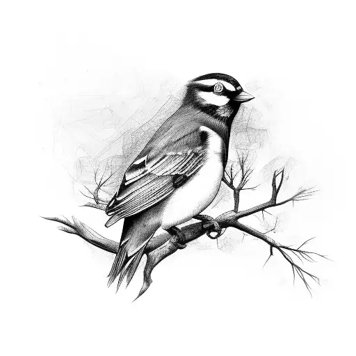 A black and grey tattoo of a bird perched on a branch, surrounded by scribbles and scratches tattoo design idea