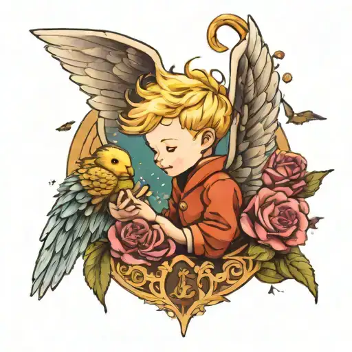 The Little Prince with angel wing and  macaron colour tone tattoo design idea