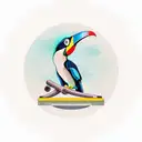 A toucan perched on a turntable, surrounded by vibrant tropical flowers tattoo design idea