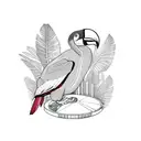 A toucan perched on a turntable, surrounded by vibrant tropical flowers tattoo design idea