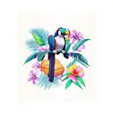 A toucan perched on a turntable, surrounded by vibrant tropical flowers tattoo design idea