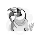 A toucan perched on a turntable, surrounded by vibrant tropical flowers tattoo design idea