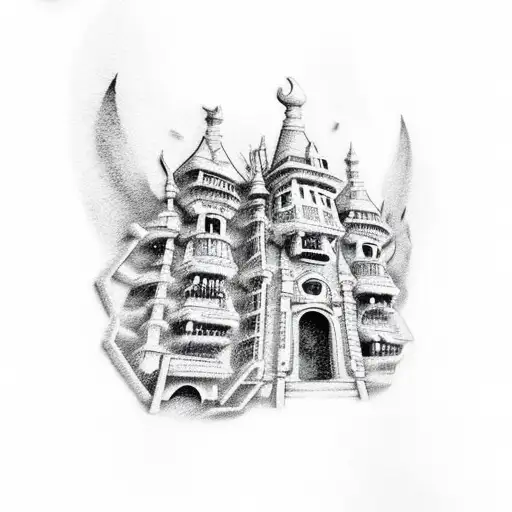 A dotwork tattoo of a Pokémon artist painting a mural of architectural landmarks tattoo design idea