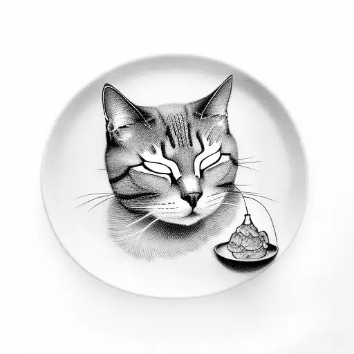 A black-grey tattoo of a sleeping cat surrounded by art supplies and a plate of food tattoo design idea