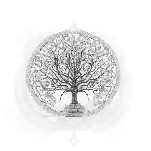 A bike chain forming the shape of a tree with leaves made of mantras tattoo design idea