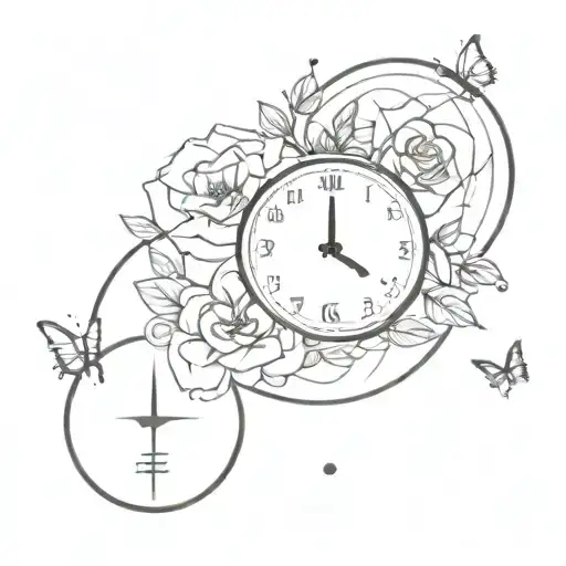 Clock roses butterflies tattoo design idea