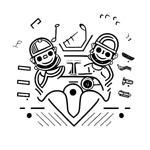 A minimalist tattoo of a father and son working on a car together, with music symbols in the background. tattoo design idea