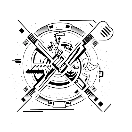 A minimalist tattoo of a father and son working on a car together, with music symbols in the background. tattoo design idea