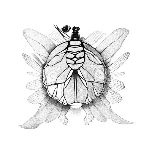 A tortoise and dragonfly in a natural scene tattoo design idea
