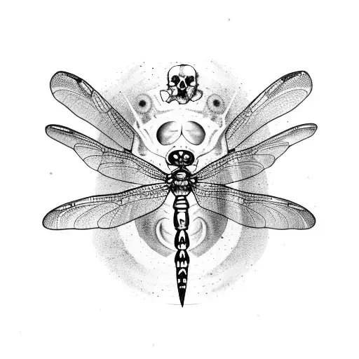 A dragonfly with a skull body and tortoise shell wings tattoo design idea