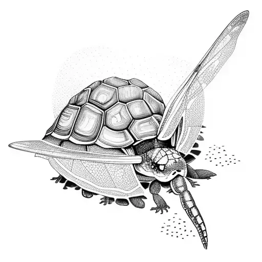 A tortoise and dragonfly in a natural scene tattoo design idea