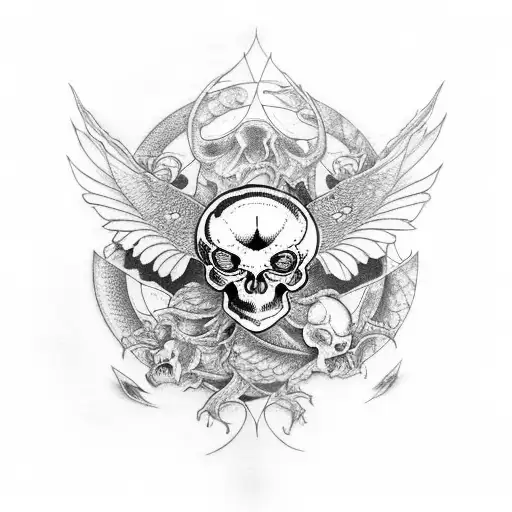 A tortoise shell pattern incorporating skulls and dragonflies tattoo design idea