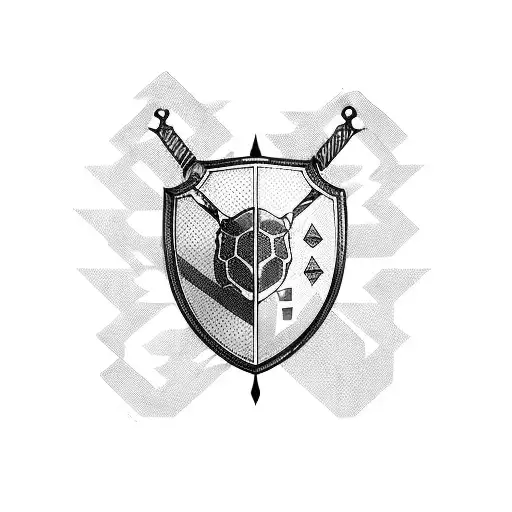 A tortoise surrounded by gaming symbols like swords and shields tattoo design idea