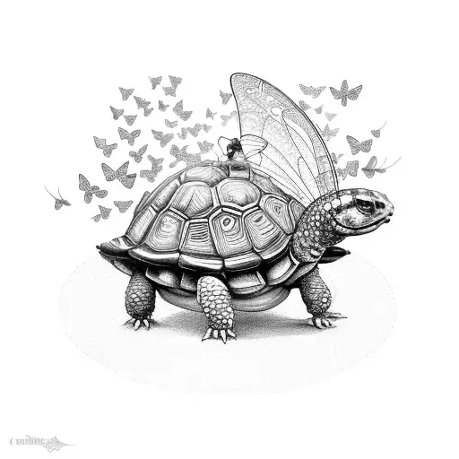 A fairy sitting on a tortoise's back, surrounded by a halo of dragonflies, combining the client's favorite things in a whimsical design tattoo design idea