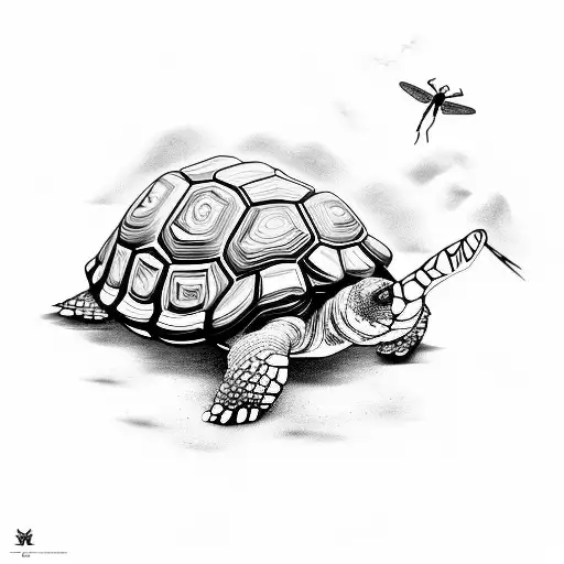 A surreal scene of a tortoise racing a dragonfly tattoo design idea