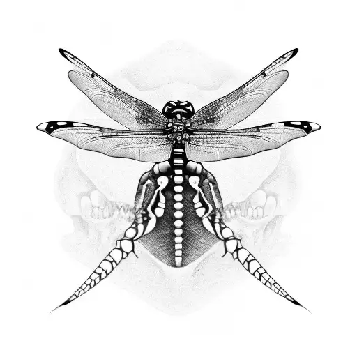 A tortoise with a dragonfly perched on its back, surrounded by skulls tattoo design idea