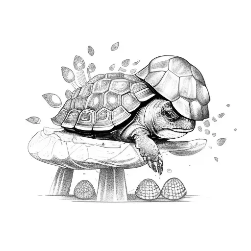 A tortoise with a messy bun and a fairy sitting on top of its shell playing a video game together tattoo design idea