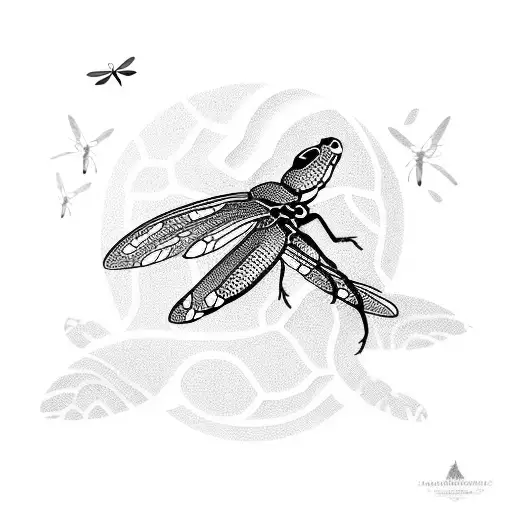 A tortoise and dragonfly in a natural scene tattoo design idea