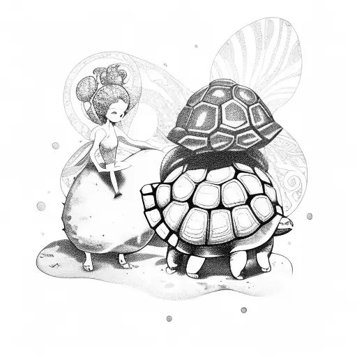 A tortoise with a messy bun and a fairy sitting on top of its shell playing a video game together tattoo design idea