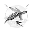 A tortoise and dragonfly in a natural scene tattoo design idea