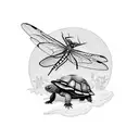 A tortoise and dragonfly in a natural scene tattoo design idea
