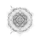 An intricate mandala design with tortoise elements and hidden dragonflies tattoo design idea