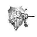 A tortoise surrounded by gaming symbols like swords and shields tattoo design idea