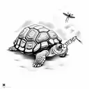 A surreal scene of a tortoise racing a dragonfly tattoo design idea