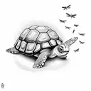 A surreal scene of a tortoise racing a dragonfly tattoo design idea