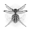 A tortoise with a dragonfly perched on its back, surrounded by skulls tattoo design idea