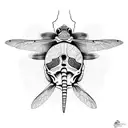 A tortoise with a dragonfly perched on its back, surrounded by skulls tattoo design idea