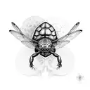 A tortoise with a dragonfly perched on its back, surrounded by skulls tattoo design idea