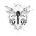 A tortoise with a dragonfly perched on its back, surrounded by skulls tattoo design idea