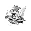 A tortoise with a messy bun and a fairy sitting on top of its shell playing a video game together tattoo design idea