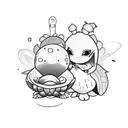 A tortoise with a messy bun and a fairy sitting on top of its shell playing a video game together tattoo design idea