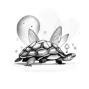 A tortoise with a messy bun and a fairy sitting on top of its shell playing a video game together tattoo design idea