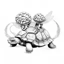 A tortoise with a messy bun and a fairy sitting on top of its shell playing a video game together tattoo design idea