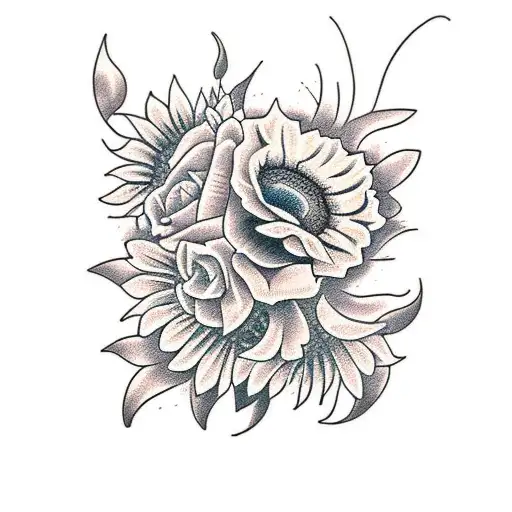 Sunflowers, bees, and roses tattoo design idea