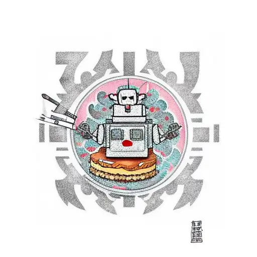 Robot eating cheesecake tattoo design idea