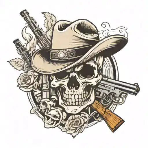 crossed pistols with a skull in a cowboy hat with a cigarette in his mouth  tattoo design idea