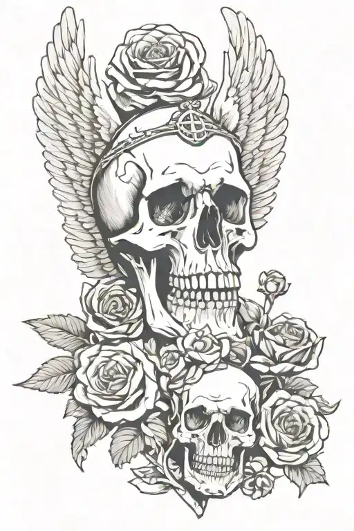 skull with roses and a cross with a money clip and angel wings  tattoo design idea
