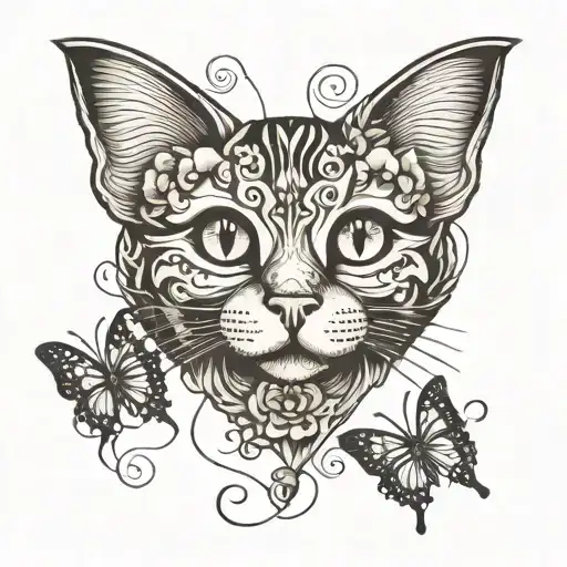 cat, butterfly, heart shape tattoo design idea