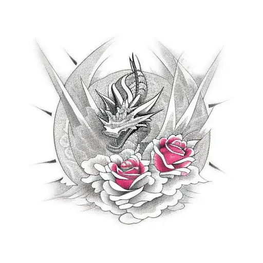 sol con un dragón y rosas tattoo design idea