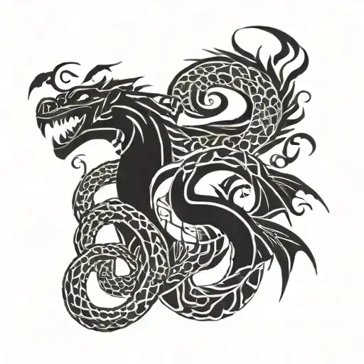 snake and dragon and crow tattoo design idea