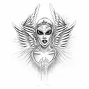 angel stabbing 3 masked monster tattoo design idea
