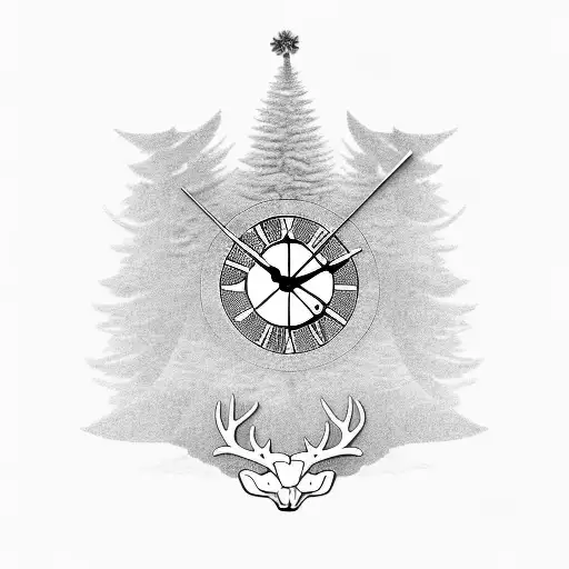 a clock with stairs to heaven, a deer head, Christmas tree and Luke 21:25 tattoo design idea