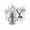 stairs to heaven with a clock, a deer head, Christmas tree and Luke 21:25 tattoo design idea