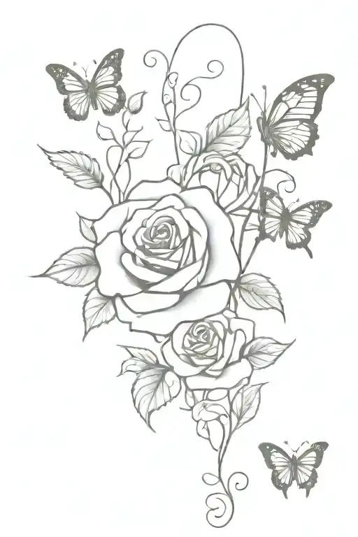 spine tattoo with vines going down, 3 roses on vines, with butterflies next to the roses  tattoo design idea