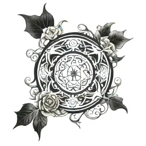 A unique design featuring symbols of Hel and Hecate intertwined, representing the connection between life and death, in a blackwork style tattoo design idea